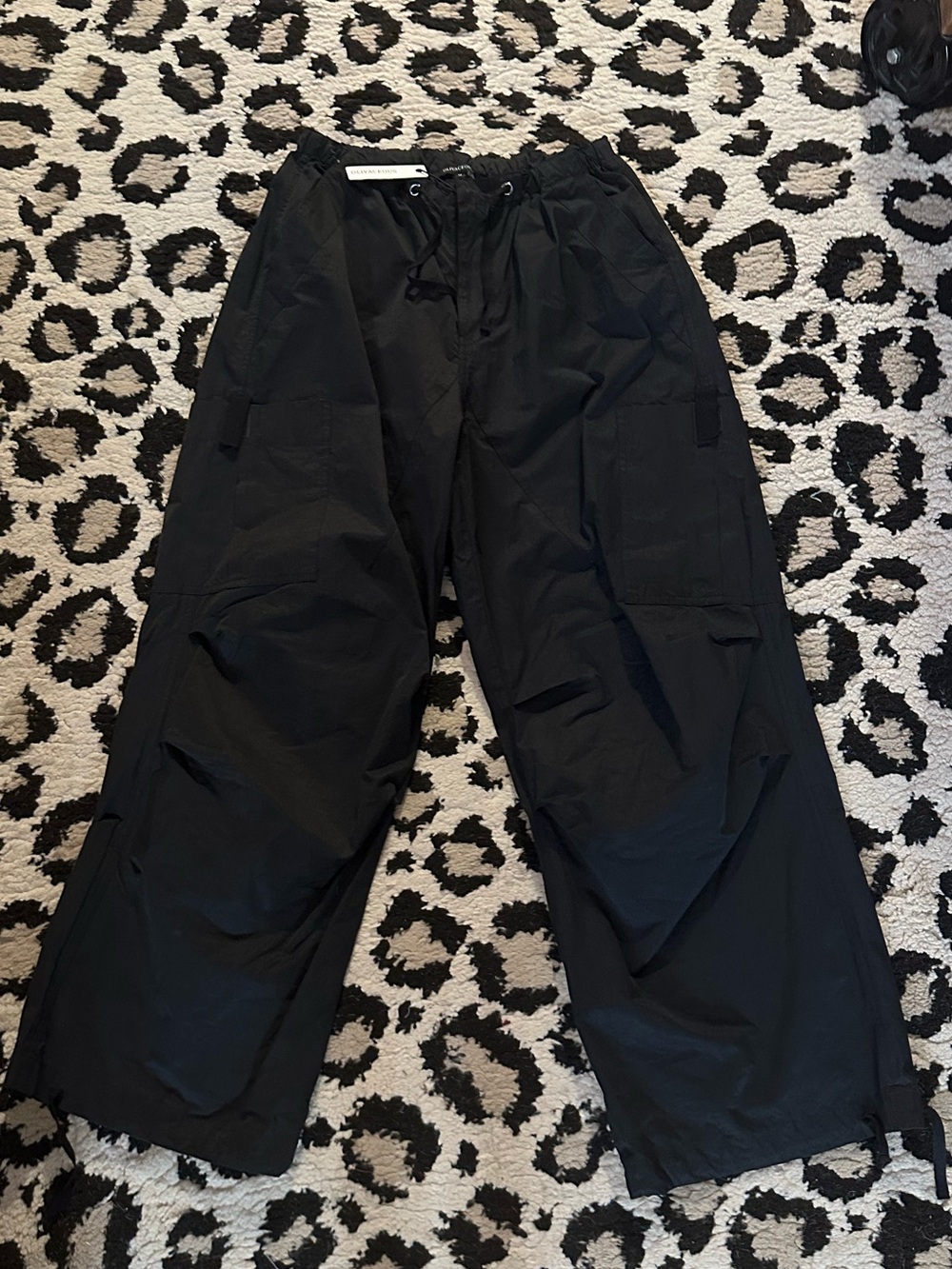 Olivaceous Black Wide-Leg Cargo Parachute Pants